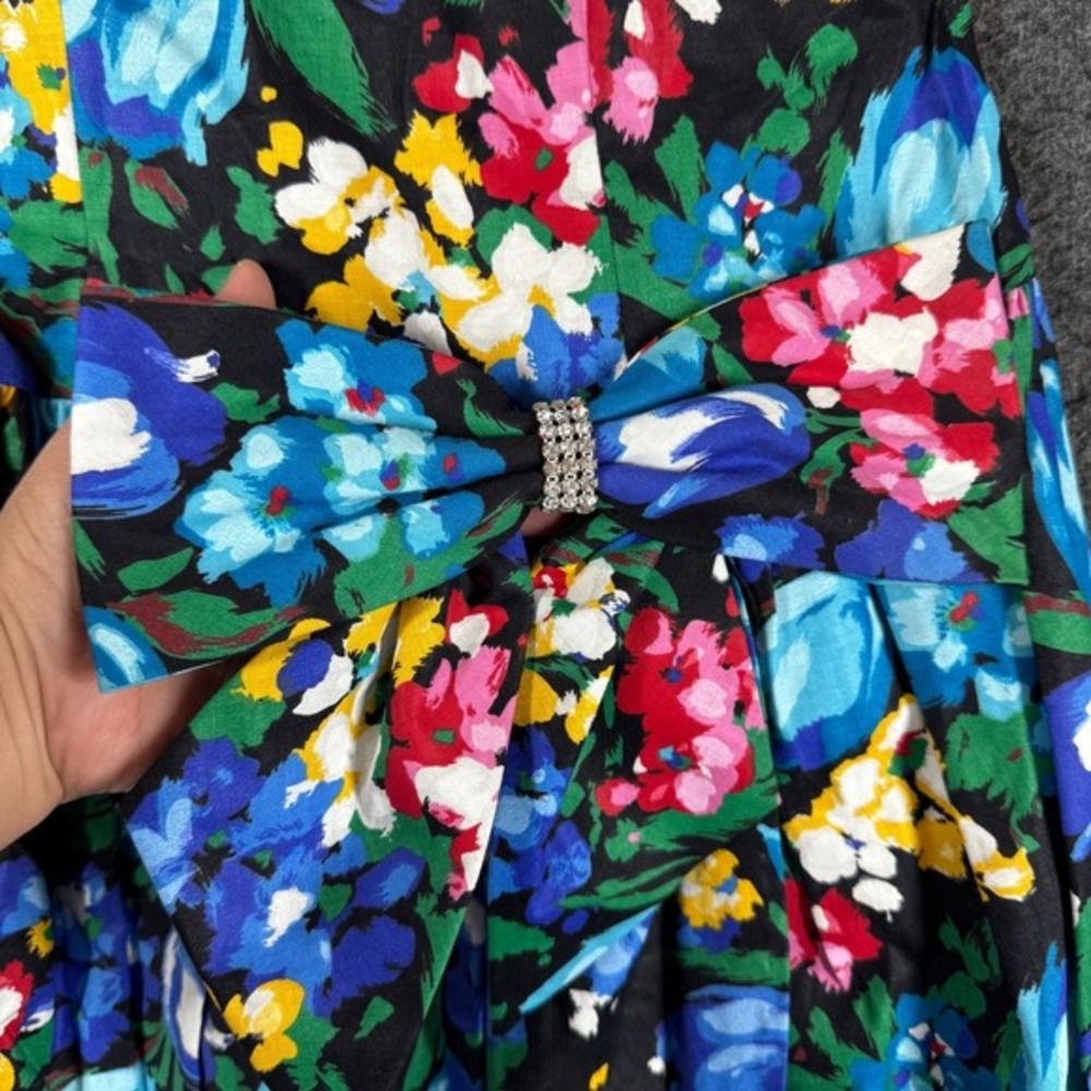 Vintage 80s Colorful Floral Cocktail Dress Size 6 Rhinestone Bow Puff Sleeve - Picture 3 of 13